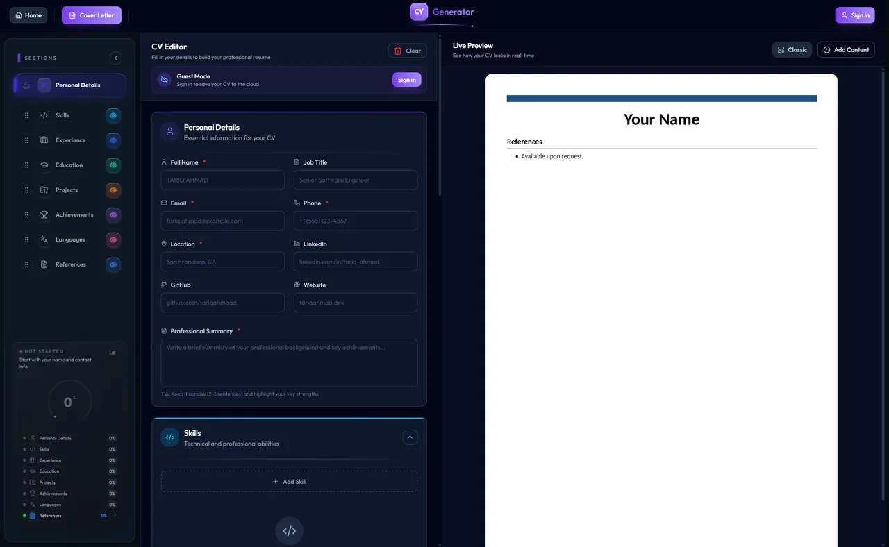 The CV Builder guided editor with live A4 preview