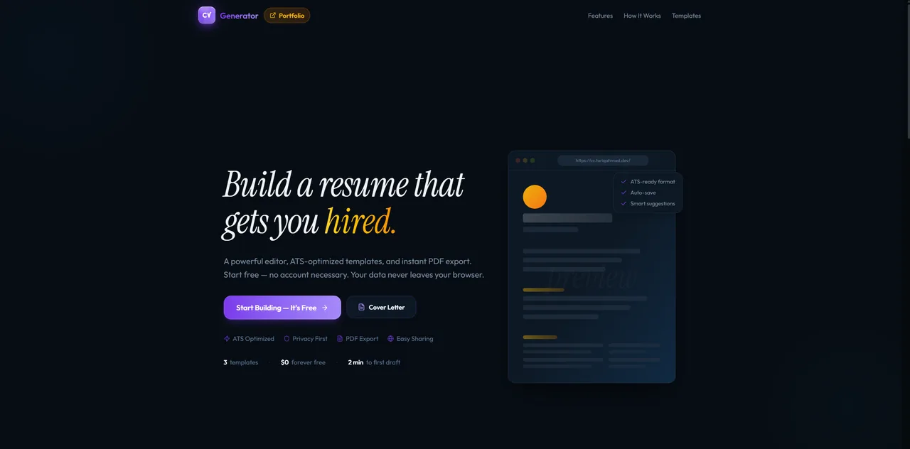 The CV Builder landing page: build a resume that gets you hired