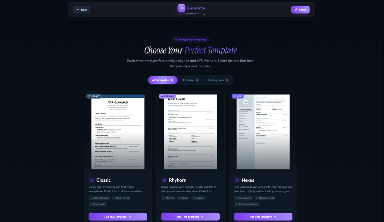The CV Builder template gallery with Classic, Rhyhorn and Nexus
